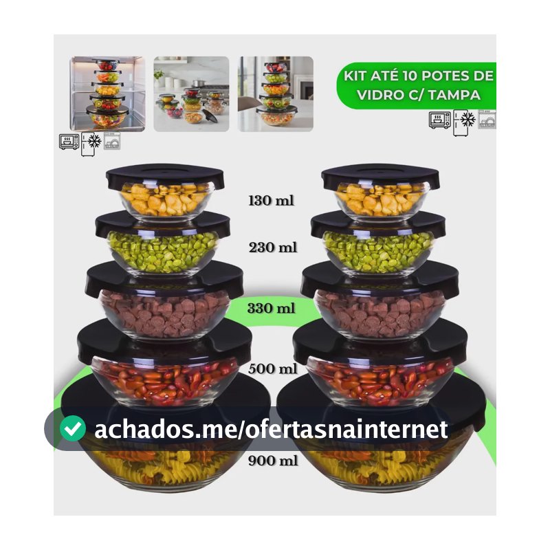 Kit 10 Potes De Vidro Hermético Com Tampa Tigela Redondo Freezer Micro-ondas Marmita Ideal para Alimentos e Refeições VYROX
