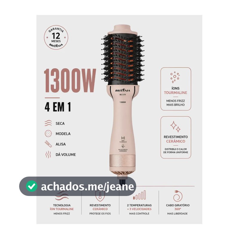 Escova Secadora 4 Em 1 Britânia Soft Bec07r 1300w Bivolt Rosa 127/220v