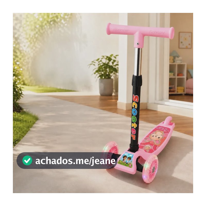 Patinete Infantil 3 Rodas Led Dobrável Guidão Ajustável Rosa
