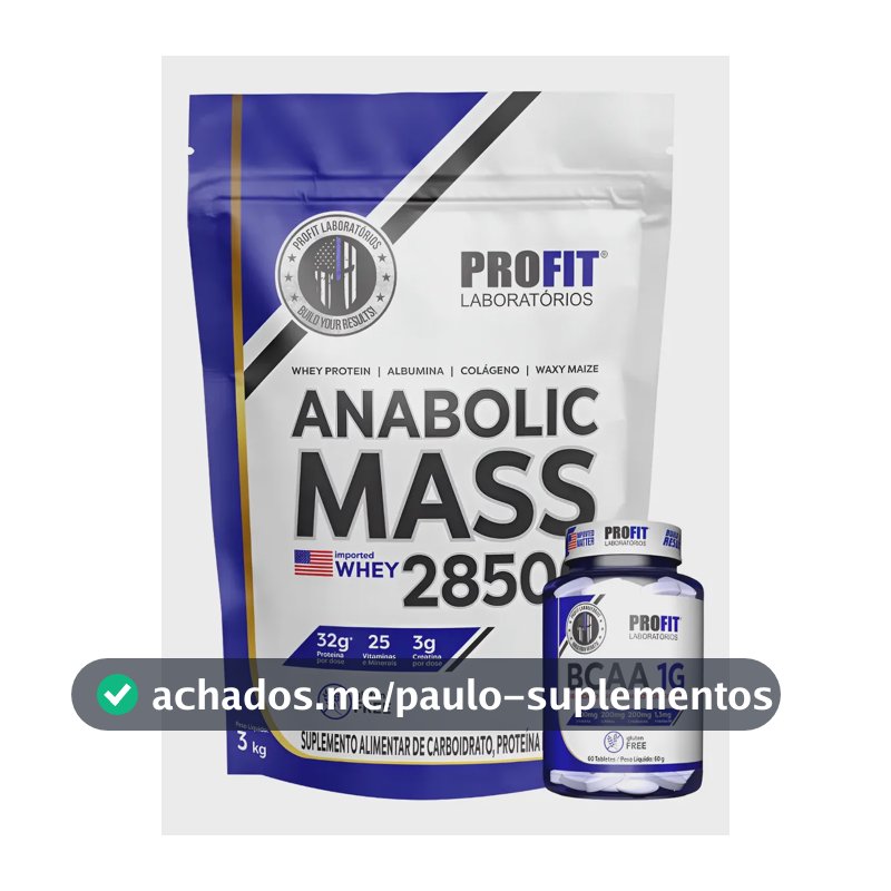 Kit Anabolic Mass C/ Whey 28500 + Bcaa 1g Profit Aminoácidos Morango 3kg | Bcaa 60 Tabletes