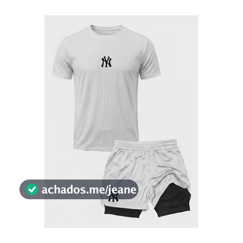 Conjunto Academia Camiseta Dry Fit + Short 2 Em 1 Símbolo Ny Branco G