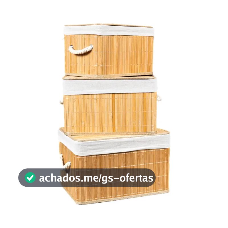 Kit 3 Caixa Cesto Organizador Bambu Tampa Linho 33 36 39cm