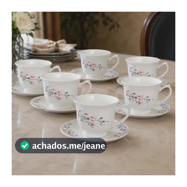 Jogo 6 Xícaras Pires Branca Opaline Louça Chá Café Conjunto Branco Decorado Flores