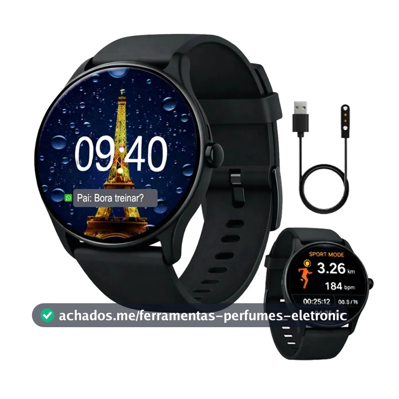 Relógio Inteligente Smartwatch Prova D'água Esportivo Redondo Masculino Feminino Allphone Lançamento 2026 Preto
