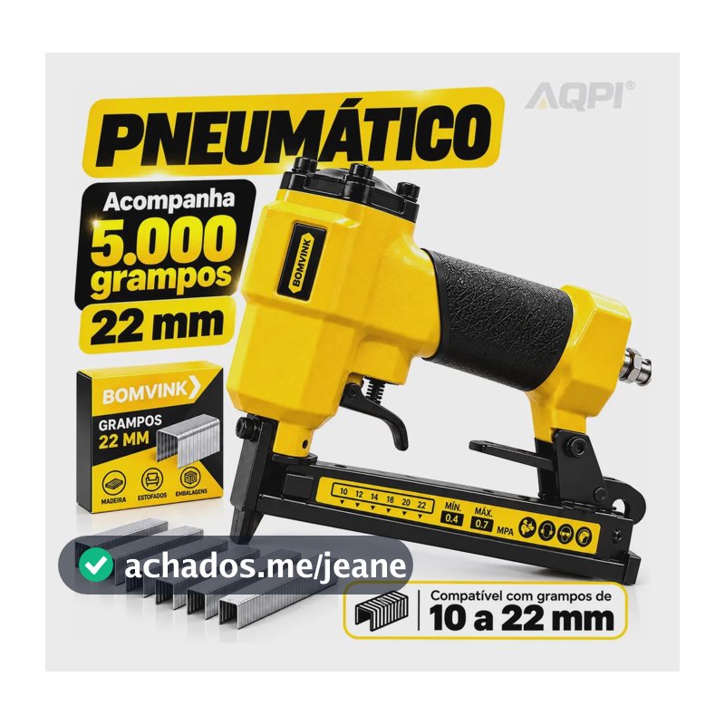 Grampeador Pneumático Profissional com 5000 Grampos 22mm Tipo 80/71 Tapeçaria Marcenaria Estofados Madeira Móveis Uso com Compressor de Ar Compatível com Grampos 10 a 22mm Fixação Segura Rápida AQPI