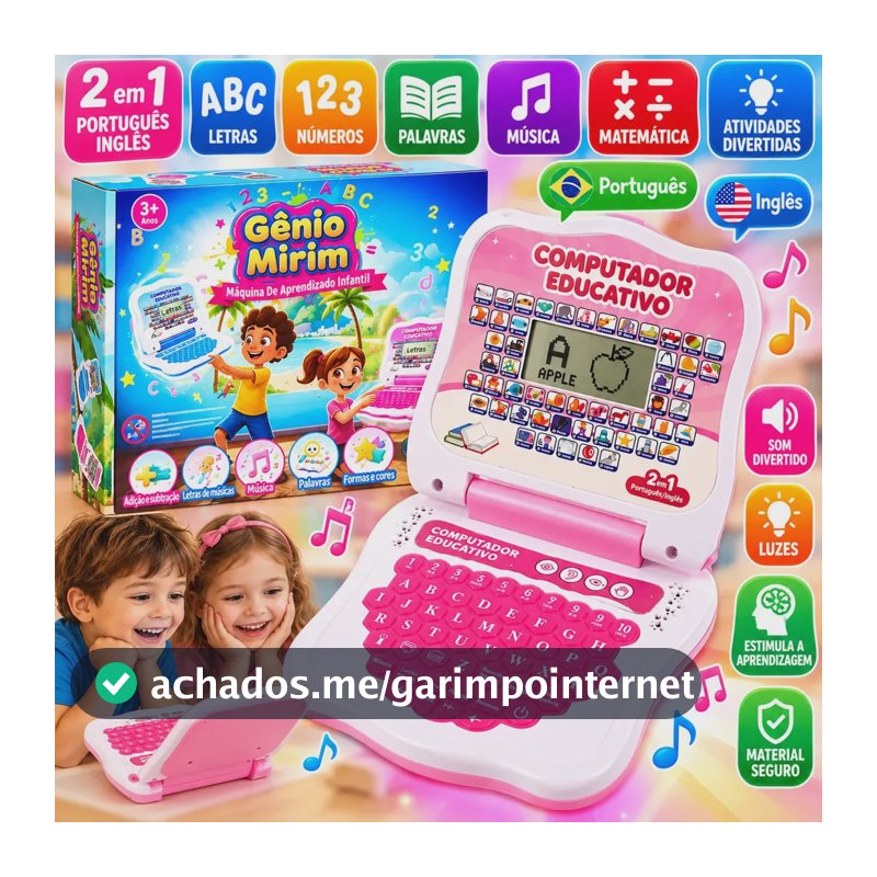 Jogojunto Laptop Infantil Educativo Bilíngue Português Inglês Notebook Brinquedo Interativo Para Crianças Menino Menina Aprender Letras Palavras Matemática