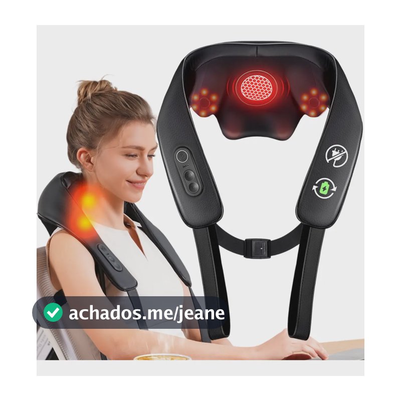Massageador de Pescoco Shiatsu 3d Com Aquecimento Para Cervical E Ombros Elétrico Sem Fio Knqze Preto