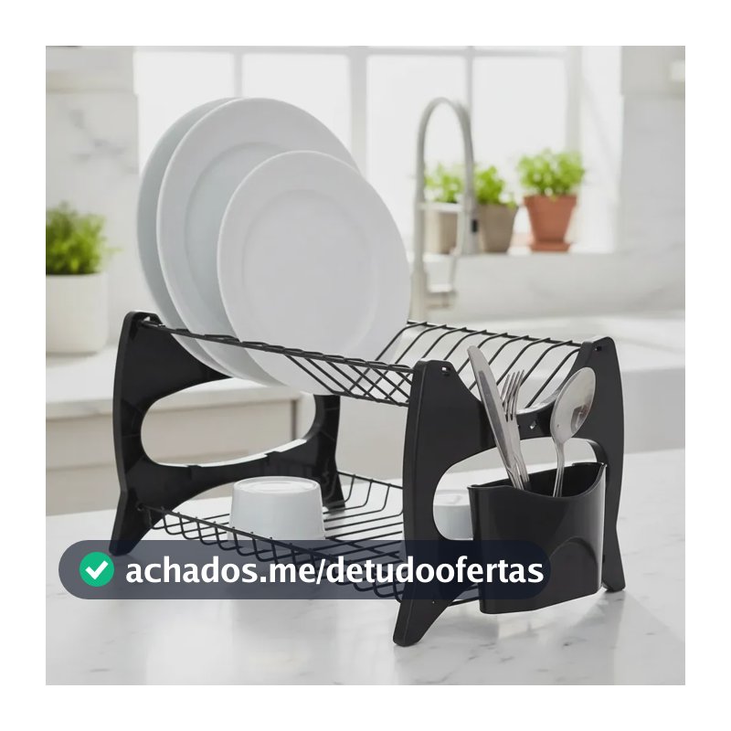 Escorredor de Louças Compacto 13 Pratos Porta Talher Preto Metaltru