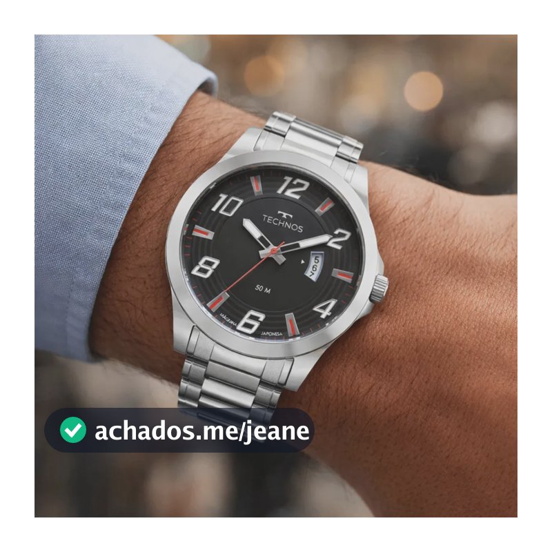 Relógio De Pulso Masculino Technos Analógico Prata e Preto com Caixa e Pulseira de Aço Inoxidável à Prova D` Água