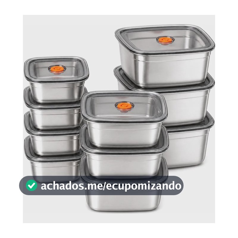 Kit 10 Potes Com Tampa Em Aço Inoxidável 316 Para Mantimento Prateado