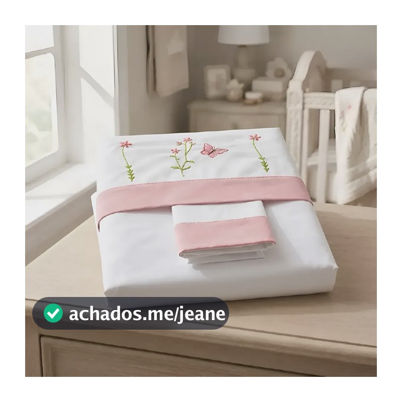 Lençol De Berço Americano Em Algodão Bordado Flores Menina Branco