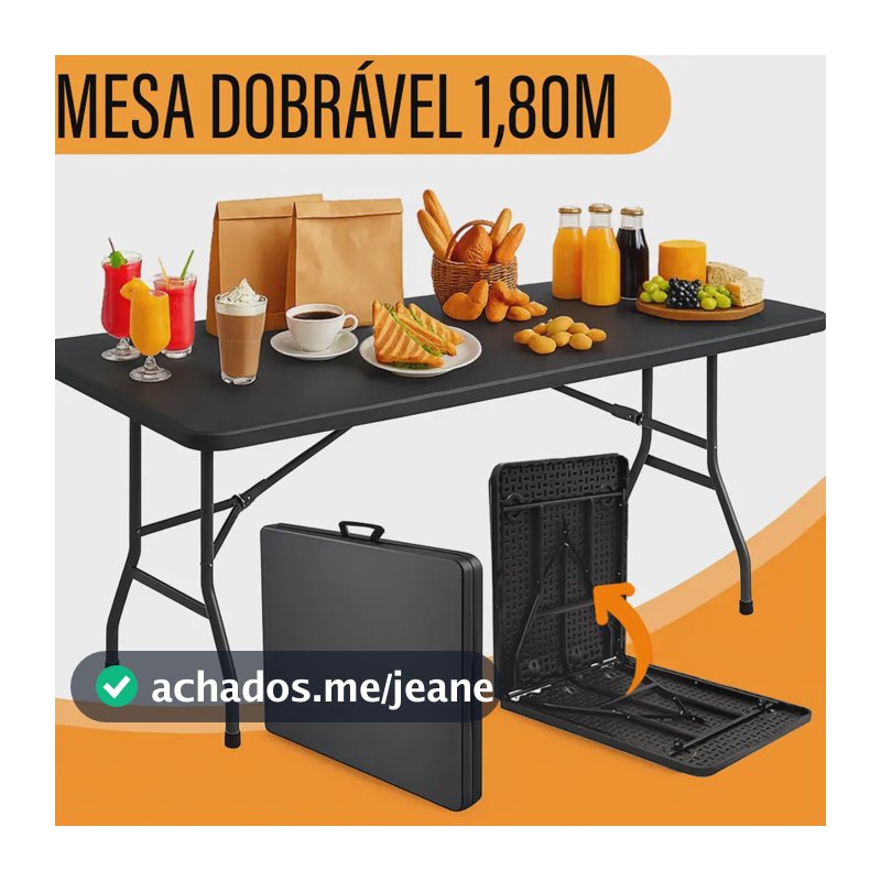 Mesa Dobrável Maleta Yab 180x70cm Preta Com Alça Portátil Para Camping Festa Jardim Área Externa Ou Interna Estrutura Resistente