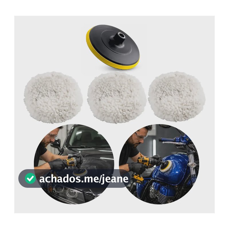 Kit Polimento Automotivo de Lã para Furadeira e Esmerilhadeira Com 3 Boinas e Adaptador
