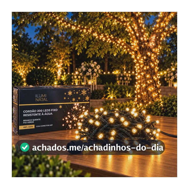 Cordão 20m 200 Leds Blindado Luz Fixa 20 Metros Contínuos P/ Árvore Natal Prova D'água Ip44 Fio 1.8mm Lph Pisca Pisca De Natal Fixo Conexão Macho Fêmea Luzes Natal Decoração Branco Quente 110