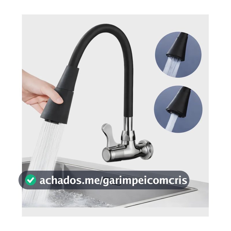 Torneira Gourmet Para Cozinha 2 Jatos Bica Móvel Parede Preta Flexível Jato Cone