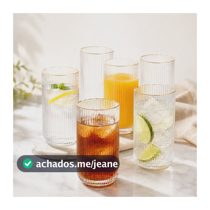 Jogo De 6 Copos De Vidro Premium Gourmet 420ml Borda Dourada Transparente