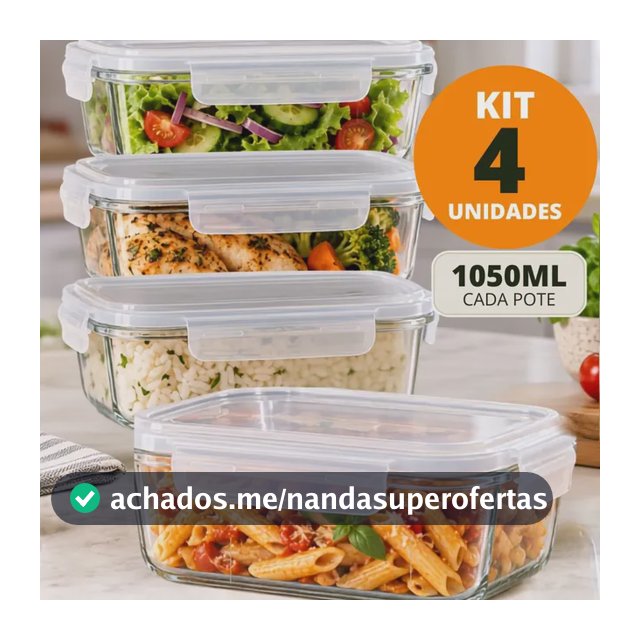 Kit 4 Potes Vidro 1050ml Herméticos Marmita Forno Refratário Transparente
