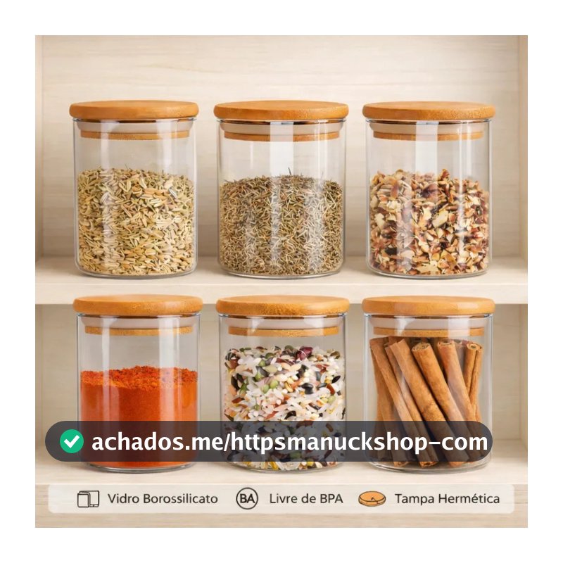 Kit 6 Potes De Vidro Herméticos Com Tampa De Bambu De 200ml Para Mantimentos Alimentos Grãos Café Massas Cereais Cozinha Com Vedação Hermética Vidro Borossilicato Livre Bpa Transparente