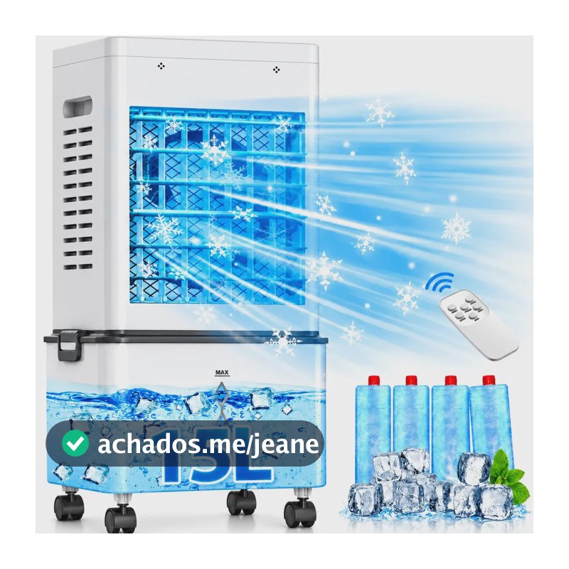15L Climatizador de Ar Portátil 4 em 1 Umidificador Evaporativo Ventilador Frio 6 Velocidades 2 Modos Controle Remoto Timer 24H Painel Touch LED com 4Caixas Gelo Rodízios 360° Reservatório Silencioso