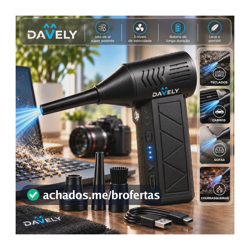 Mini Ventilador Soprador Ar Potente Turbo 130000rpm Assoprador Elétrico Sem Fio Recarregável USB-C 3 Níveis Jato Forte Portátil Multiuso Limpeza Teclado Carro Acende Churrasqueira Davely