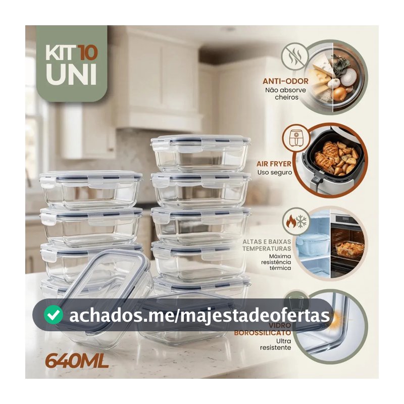Kit 10 Pote De Vidro Marmita Hermético 640ml Freezer Fitness Rishon