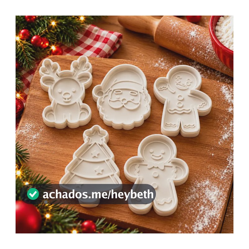 Kit 5 Cortadores Biscoito Marcador Cookie Natal Papai Noel Kit Com 5