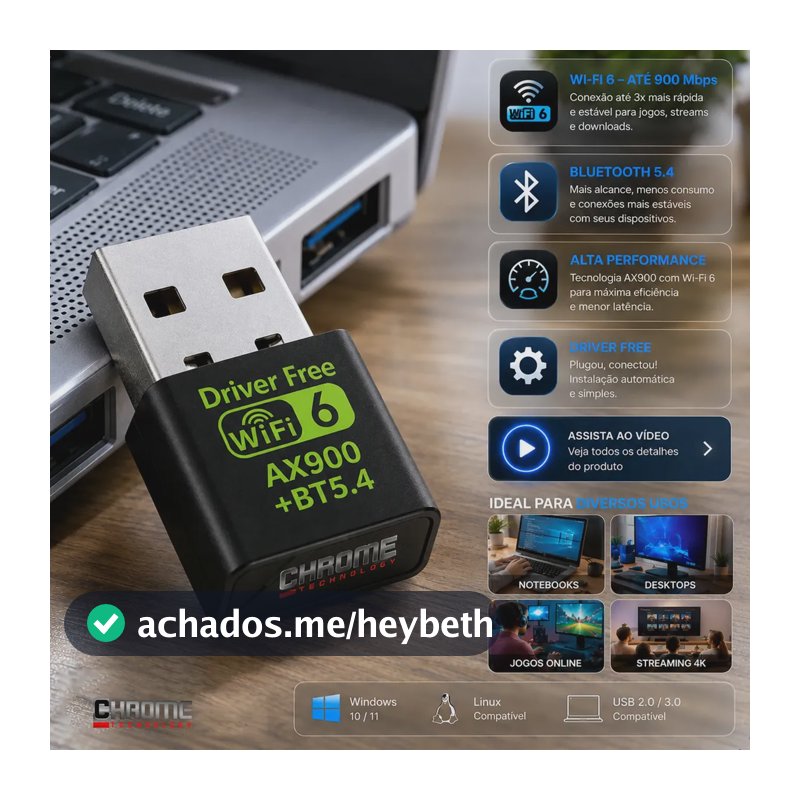 Adaptador Usb Wifi 6 Bluetooth 5.4 Alta Velocidade Placa Wi-fi Blueetoth Adaptador Wi-fi Pc Placa Wifi Pc notebook etc Adaptado Wireless Sem Fio Receptor Internet Marca Chrome Technology