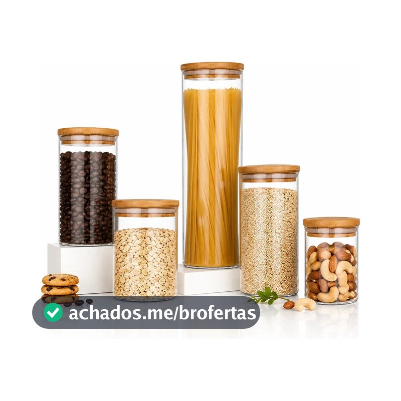 Kit 5 Potes Mantimentos Vidro Herméticos Com Tampa Bambu Alta Resistência Epsilon