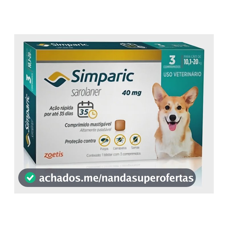 Simparic 40mg Antipulgas e Carrapatos para Cães 10-20kg 3 Comprimidos Zoetis
