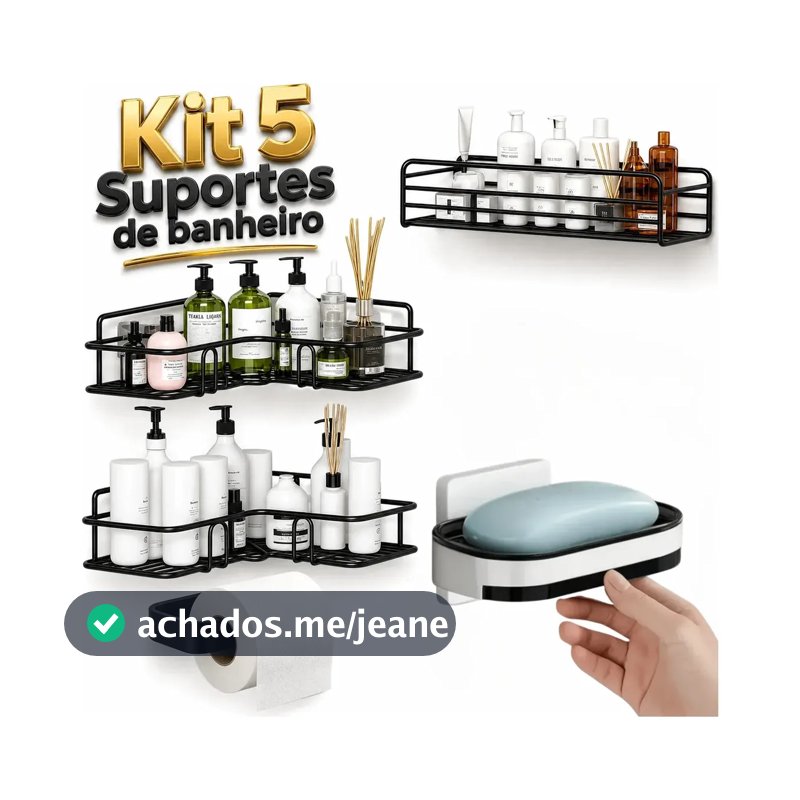 Kit 5 Suporte Porta Shampoo + Saboneteira Prateleira Banheiro Adesivo Parede Sem Furar Box Luxo Cor Preto