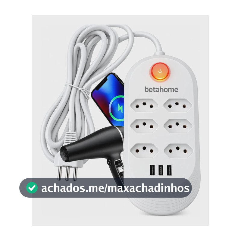Filtro de Linha Betahome com 6 Tomadas e 3 USB para 2500W Bivolt