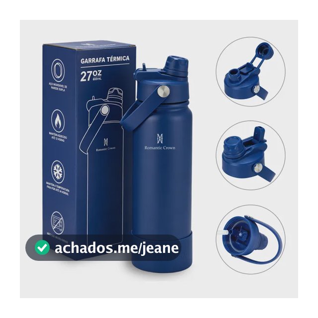 Garrafa Térmica 800ml Inox Bico Duplo Canudo Alça Esporte Azul