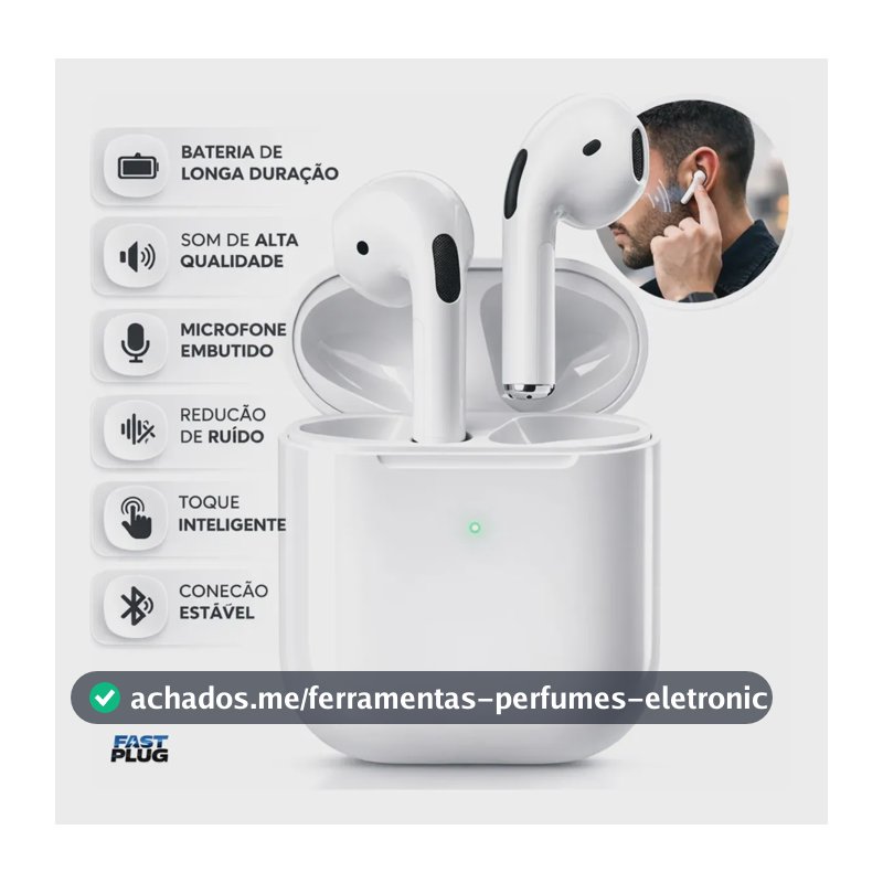 Fone De Ouvido Bluetooth Bateria de Longa Duração Pro 4 Branco Conecta Rápido Fast Plug Com Case Carregador E Microfone