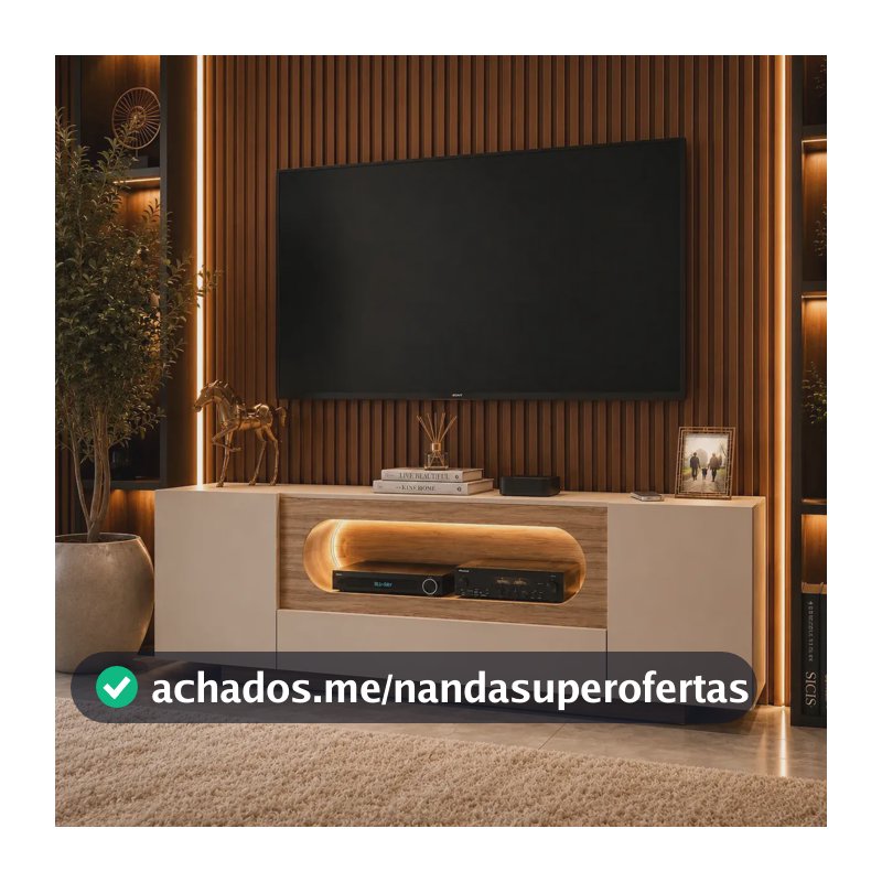 Rack Tv Off White Com Nicho Curvo Com Led Amadeirado Design Moderno Elegante Sala Home