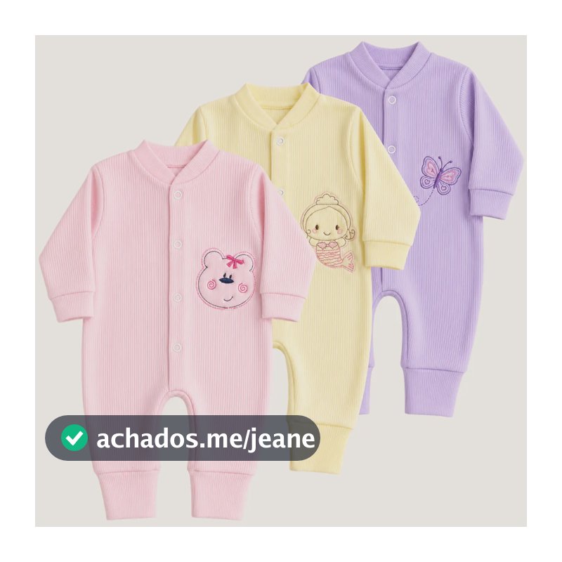 Kit 3 Macacão Canelado Bordado Para Bebê Menina Menino P - G Menina M