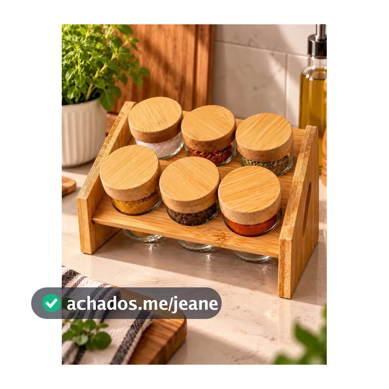 Conjunto Kit Porta Temperos 6 Potes Vidro com Tampa de Bambu e Dosador, Suporte Organizador de Temperos para Cozinha Porta Condimentos Potes para Sal, Pimenta, Orégano e Especiarias