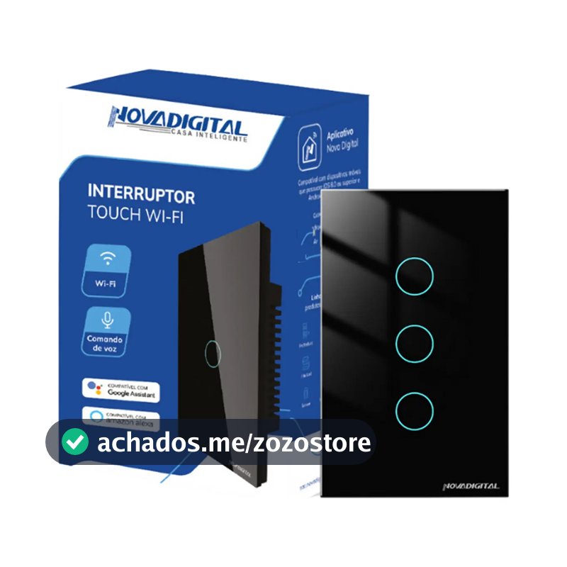 Interruptor Inteligente Wifi Novadigital 3 Teclas Botões Touch Tuya Smart Life Alexa Google 110v 220v Bivolt Preto Lite-ws3