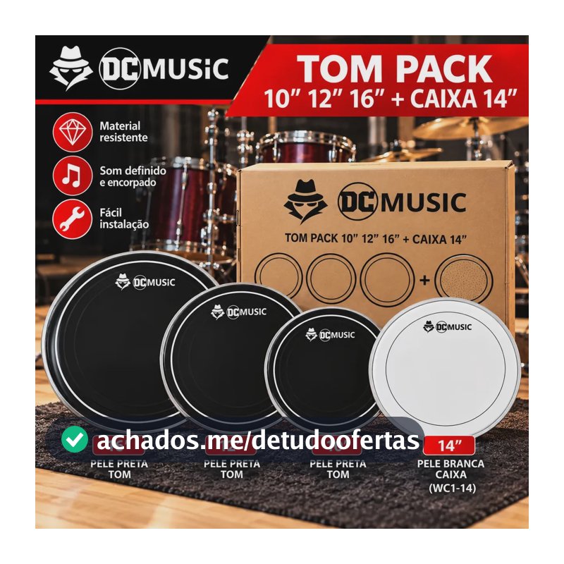 Kit Peles Bateria DC Music Hidráulicas Pretas 10 12 16 + Caixa 14