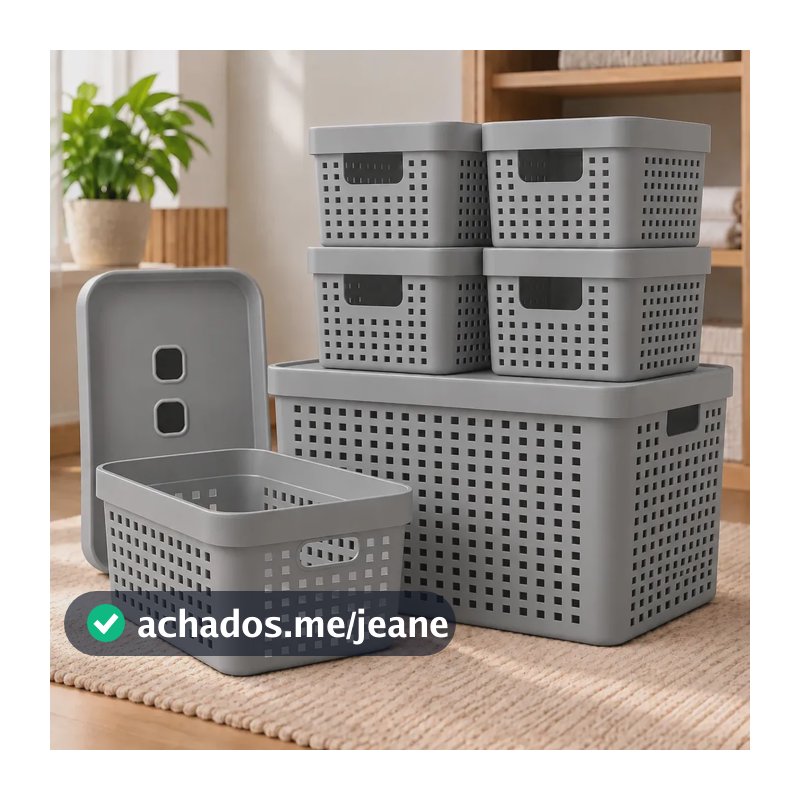 Kit 6 Caixas Organizadoras Com Tampa Invisivel 2l 4,5l 17l Cor Cinza