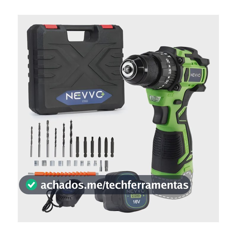 Parafusadeira Furadeira De Impacto 16v Brushless Nevvo Verde 16v 50/60 Hz