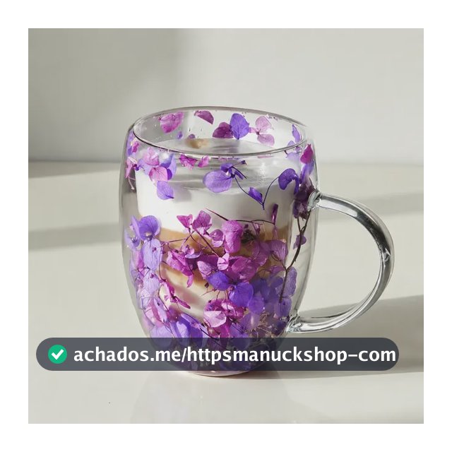 Xícara Flores Folhas Secas Caneca Parede Dupla Vidro 300ml Lilás Flores