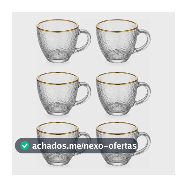 Jogo 6 Xícaras Café Chá 100ml Vidro Borda Dourada Luxo Dourado Martelado