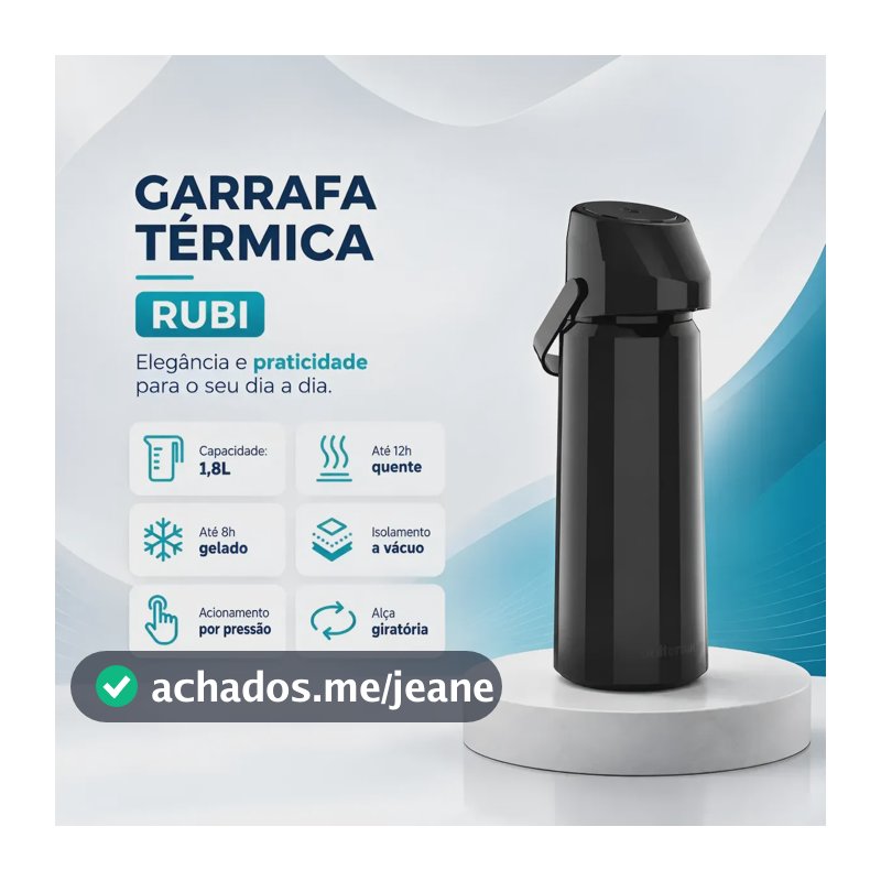 Garrafa Térmica Rubi 1.8l Ampola De Vidro Anti Respingo Preto