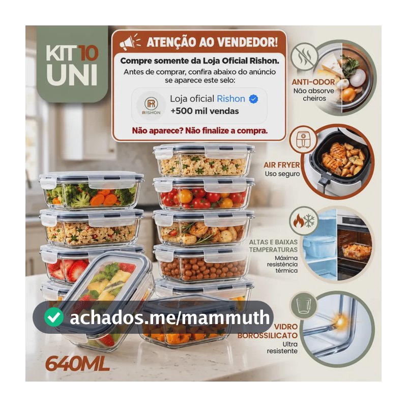 Kit 10 Potes Vidro Hermetico Vai Ao Forno Microondas 640ml Marmita Hermético Freezer Fitness Rishon