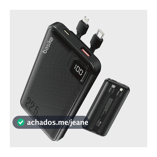 Power Bank Basike 10000mAh Preto, Carga Rápida 22.5W para iPhone e Samsung, Com Cabos Embutidos e Display