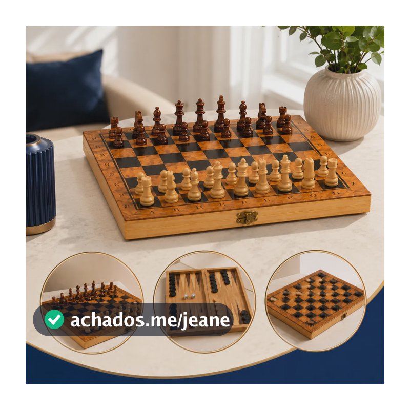 Jogo Xadrez Dama Gamão Tabuleiro Madeira Profissional 30x30