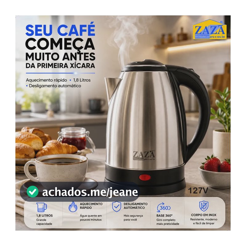 Chaleira Jarra Elétrica 1,8L Litros Em Inox Desligamento Automático Aquecimento Rápido Segura Café Chá Fácil Abertura Tampa Alça Ergométrica