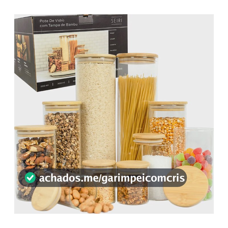 Kit 10 Potes Herméticos Vidro Tampa Bambu Seiri Para Mantimentos Cozinha
