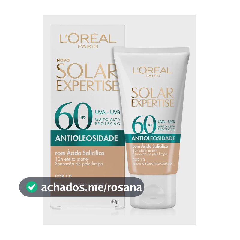 L'Oréal Paris Solar Expertise Antioleosidade, Protetor Solar Facial com FPS 60, 12h de Efeito Matte com Ácido Salicílico, Cor 1.0, 40g