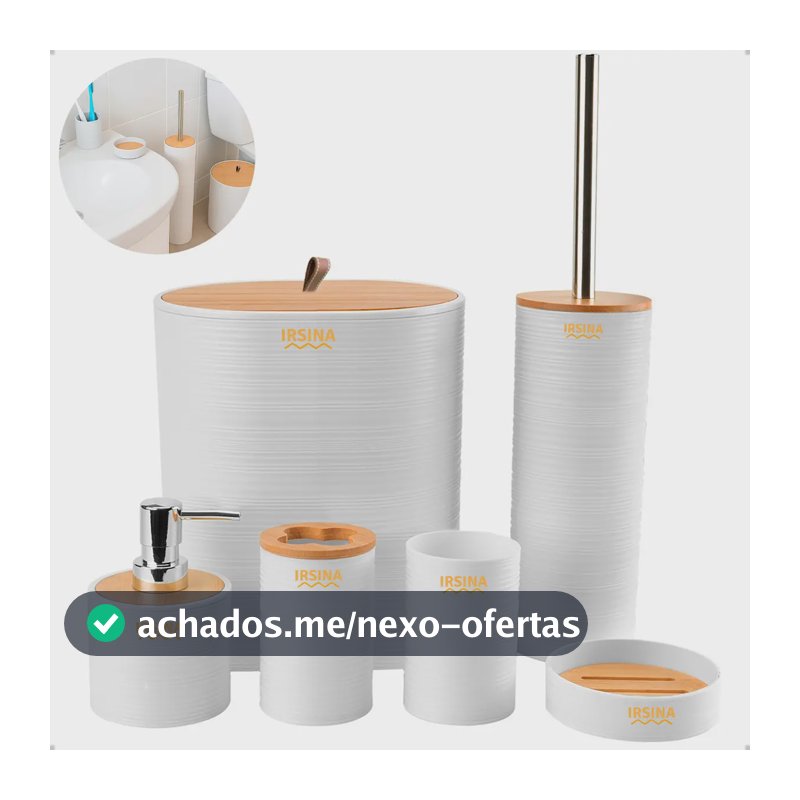 Kit Banheiro Conjunto De Acessórios Moderno Bambu Lixeira Saboneteira Escova Cor Branco Irsina